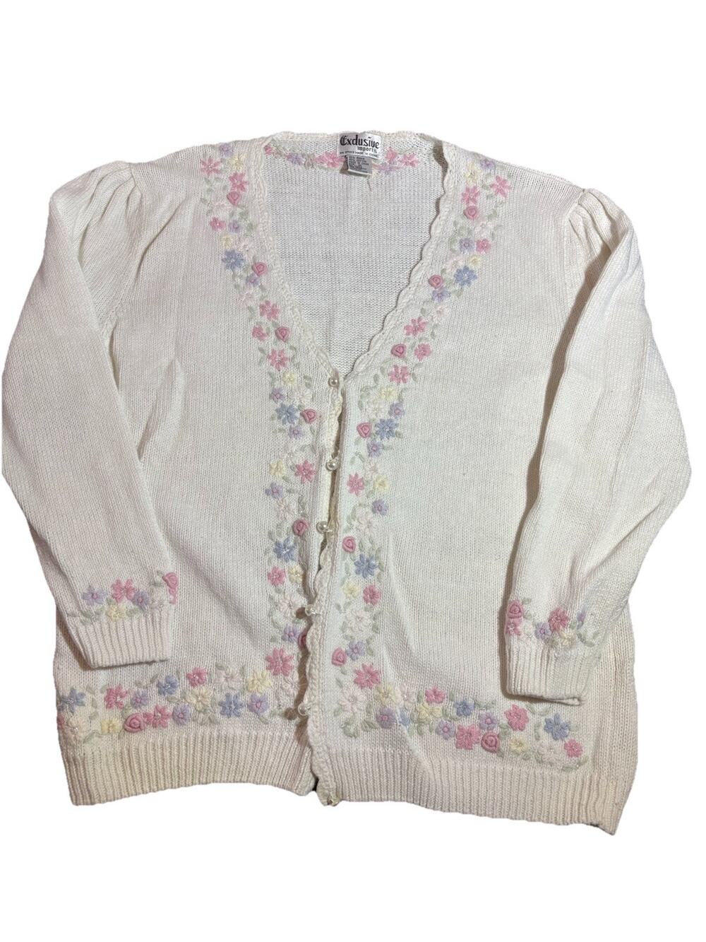 Vtg Hand Embroidered Cardigan Sweater Floral Pearl Button Cable Knit Size M